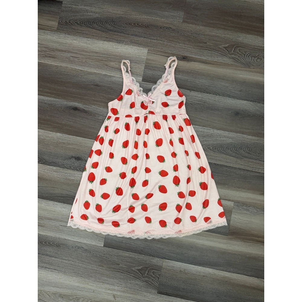 AVIDLOVE Strawberry Print Nightgown Slip Dress Pink White Size M - Picture 7 of 8